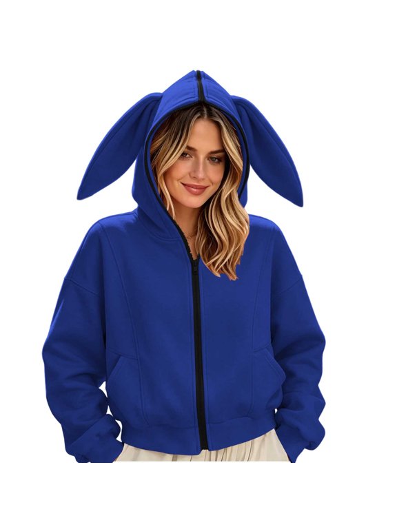 Women's Bunny Ear Zip Up Hoodie Cropped Sweatshirt Jacket with Long Ear Hood Drop Shoulders Womens Fleece Hoodies,Kangaroo Pockets,Size S-XXL