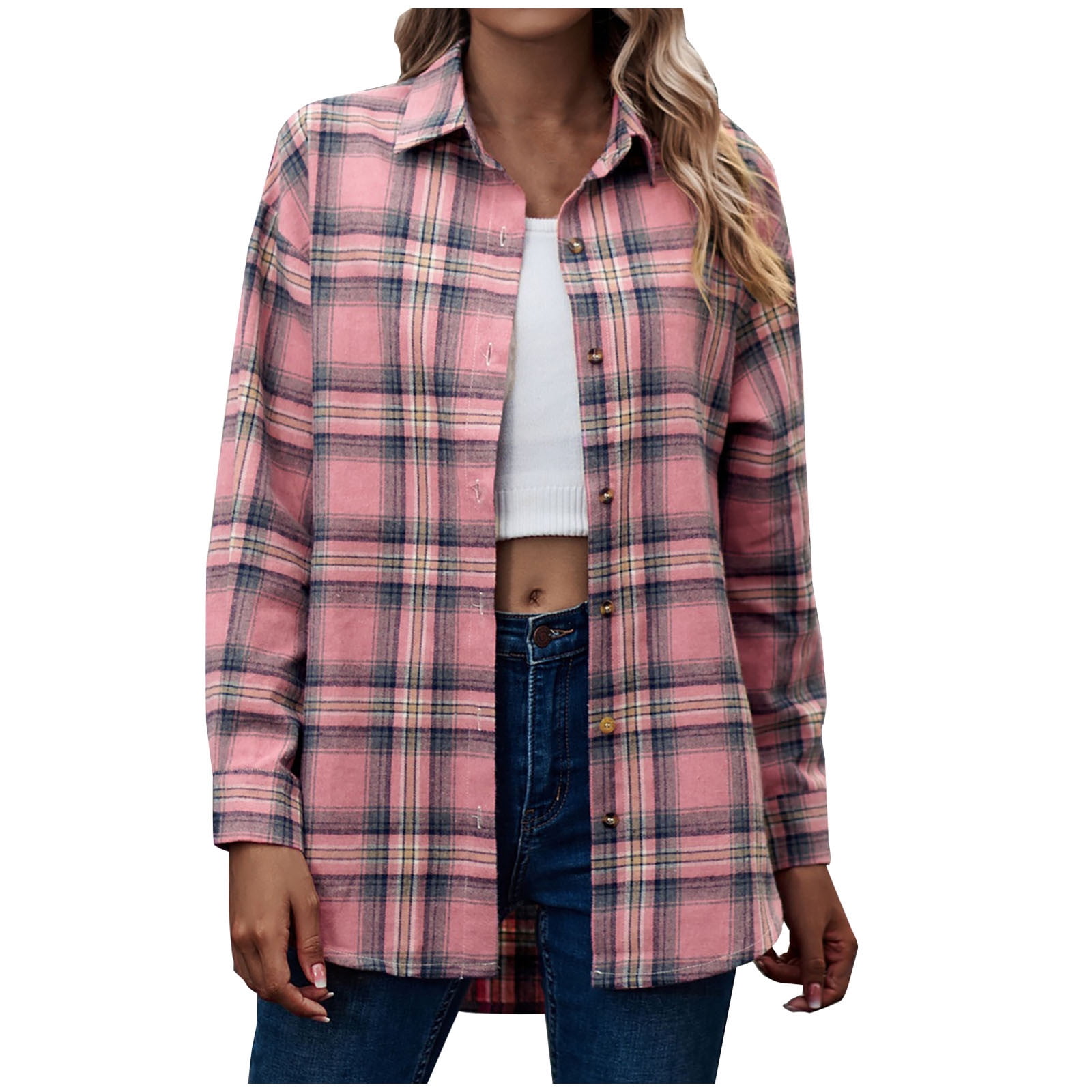 Womens Flannel Plaid Shackets Jackets 2024 Long Sleeve Shirts Tops Fashion Button Down Corduroy Outfits Clothes with Pockets
