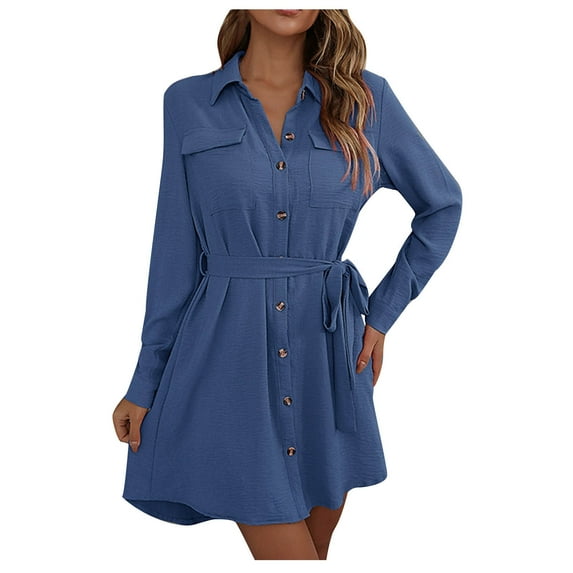 OGLCCG Women's Casual Button Down Shirt Dress Collared V Neck Long Sleeve Belted Pockets Dresses 2024 Fashion Mini Dress