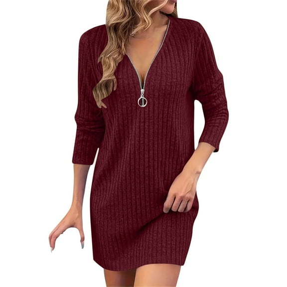 OGLCCG Women's Casual Long Sleeve Fall Dresses V Neck Ribbed Knit Lightweight Sweater Dress with Half Zippers Solid Color Soft Hoodie Dress,XXL,Wine