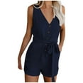 thumbnail image 1 of OGLCCG Women's Casual Summer Short Rompers Sleeveless V Neck Button Down Tank Jumpsuit Comfy Belted One Piece Shorts with Pockets, 1 of 5