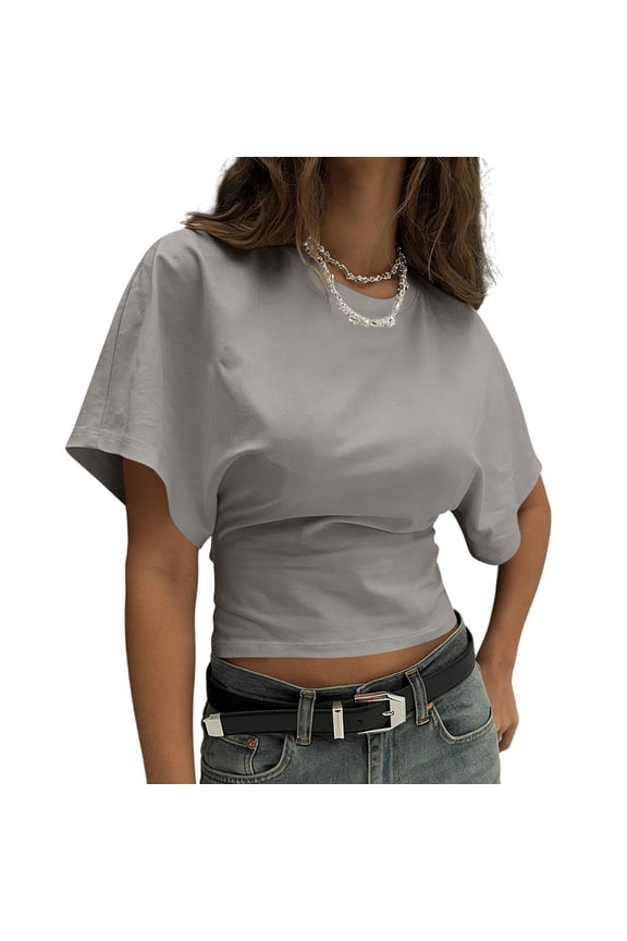 Women's Cinched Waist Tops Short Dolman Sleeve Ruched Shirt Trendy Y2k Summer Crewneck Crop Going Out Workout Tops,S,Gray