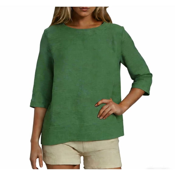 OGLCCG Women's Cotton Linen 3/4 Sleeve Blouse Crew Neck Summer Casual Beach Tops Loose Fit Solid Color Boho Vacation Tops,S,Green