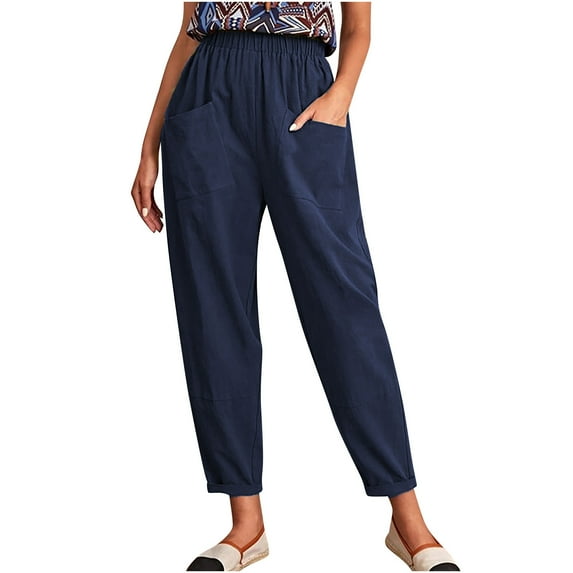 OGLCCG Women's Cotton Linen Pants Plus Size Elastic Waist Ankle Length Cropped Trousers Casual Loose Straight Leg Lightweight Comfy Pants