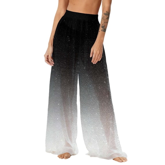 OGLCCG Women's Cover Up Boho Pants See Through Sheer Mesh Chiffon Flowy Beach Pants Gradient Color Wide Leg Long Palazzo Pant,M