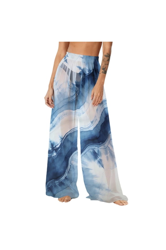 Women's Cover Up Pants See Through Sheer Mesh Chiffon Beach Pants Wide Leg Boho Palazzo Pant Bikini Bottom Cover-Ups,XXL