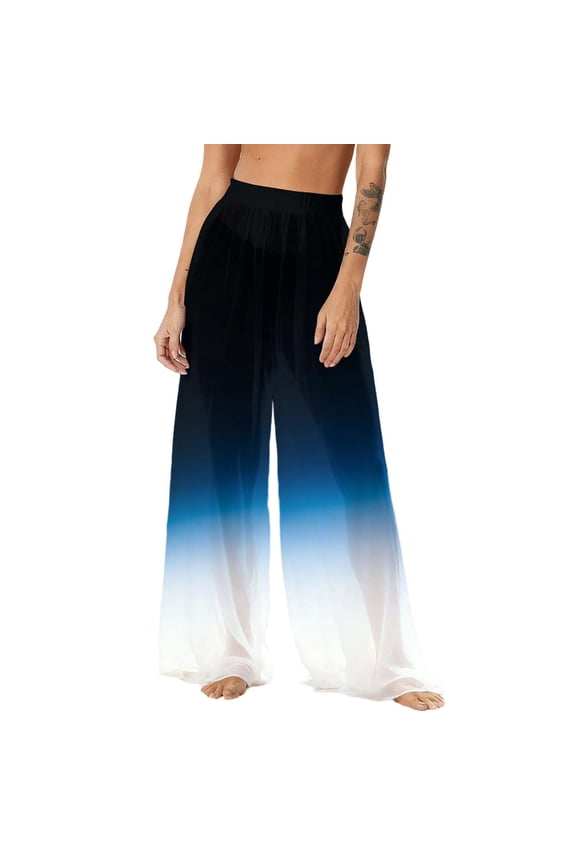 Women's Cover Up Pants See Through Sheer Mesh Chiffon Boho Beach Pants Gradient Color Wide Leg Flowy Long Palazzo Pant,L