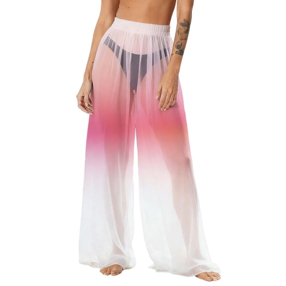 OGLCCG Women's Cover Up Pants See Through Sheer Mesh Chiffon Boho Beach Pants Gradient Color Wide Leg Flowy Long Palazzo Pant,M