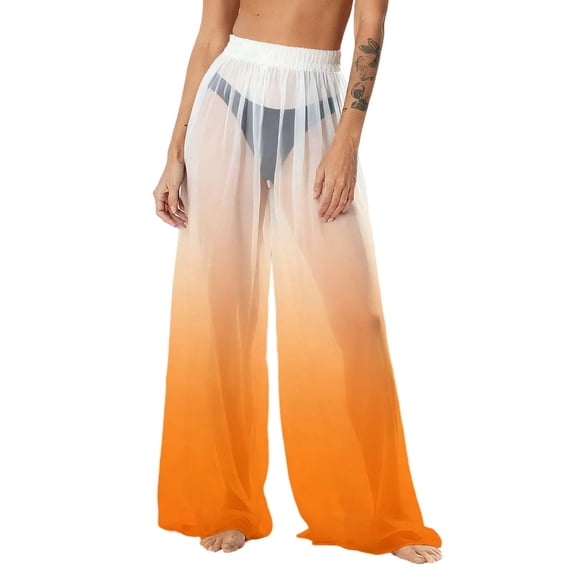 OGLCCG Women's Cover Up Pants See Through Sheer Mesh Chiffon Boho Beach Pants Gradient Color Wide Leg Flowy Long Palazzo Pant,XL