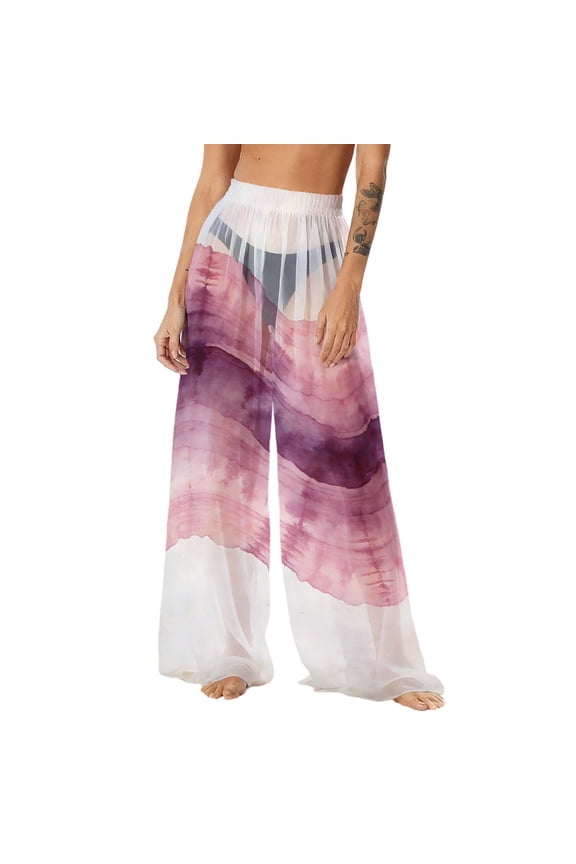 Women's Cover Up Pants See Through Sheer Mesh Chiffon Wide Leg Boho Beach Pants Bikini Bottom Cover-Ups Palazzo Pant,S