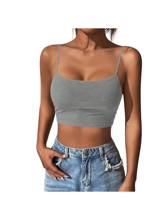 Women's Crop Cami Tops Slim Scoop Neck Spaghetti Strap Tank Tops Solid Color Summer Basic Camisole Tees,Gray