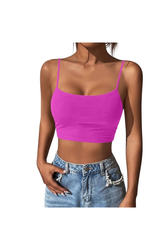 Women's Crop Cami Tops Slim Scoop Neck Spaghetti Strap Tank Tops Solid Color Summer Basic Camisole Tees,Hot Pink