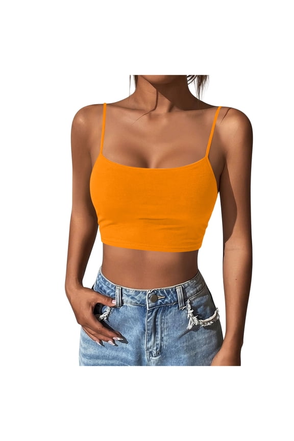 Women's Crop Cami Tops Slim Scoop Neck Spaghetti Strap Tank Tops Solid Color Summer Basic Camisole Tees,Orange