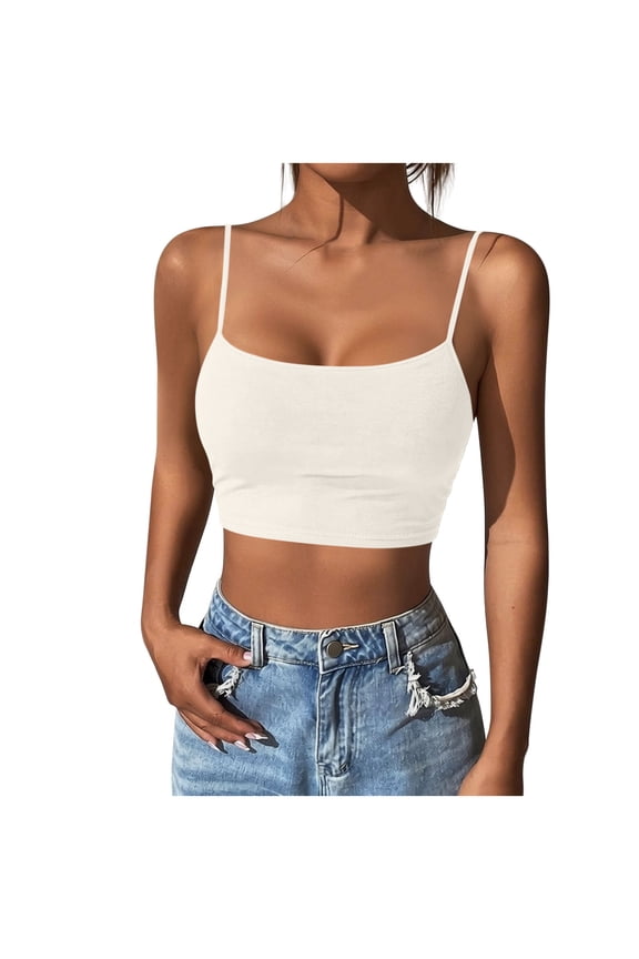 Women's Crop Cami Tops Slim Scoop Neck Spaghetti Strap Tank Tops Solid Color Summer Basic Camisole Tees,White