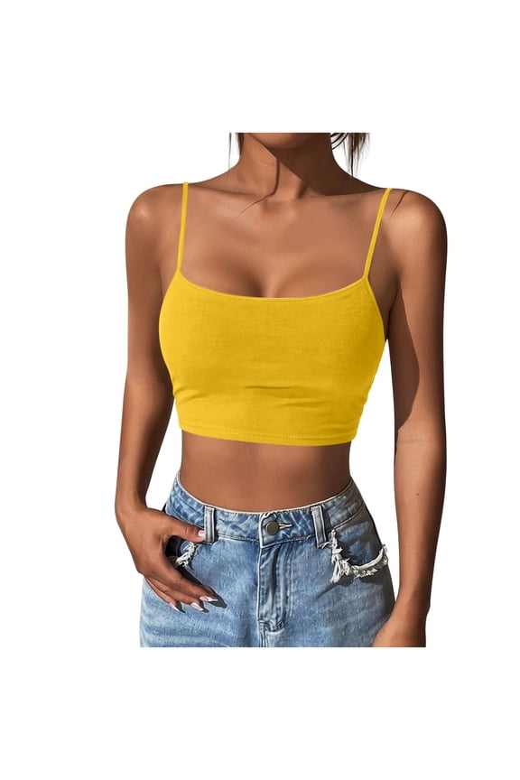 Women's Crop Cami Tops Slim Scoop Neck Spaghetti Strap Tank Tops Solid Color Summer Basic Camisole Tees,Yellow