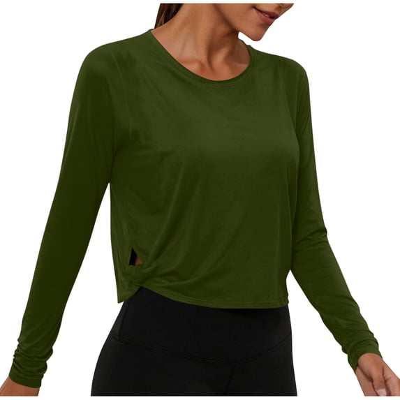 OGLCCG Women's Crop Workout Tops Long Sleeve Yoga Athletic Shirts for Hiking Running Lightweight Breathable Tie Side Exercise Shirts,XL,Army Green