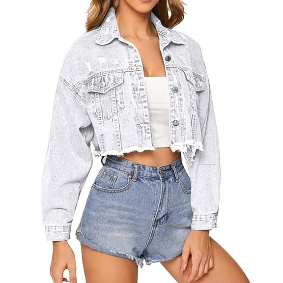 OGLCCG Women's Cropped Denim Jacket Long Sleeve Button Down Basic Classic Jean Jacket Trendy Ripped Frayed Cargo Jacket with Pockets,M,White