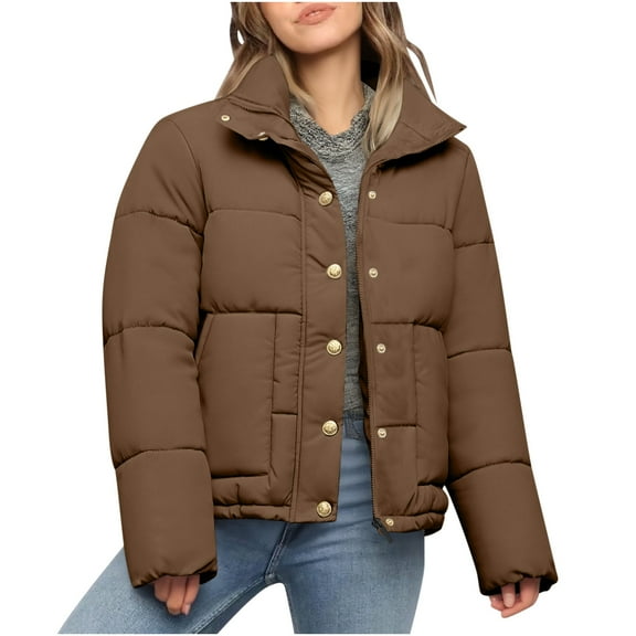 OGLCCG Women's Cropped Padded Jacket Winter Warm Puffy Quilted Jackets Lightweight Long Sleeve Full Zip Puffer Coats with Pockets,XL,Coffee
