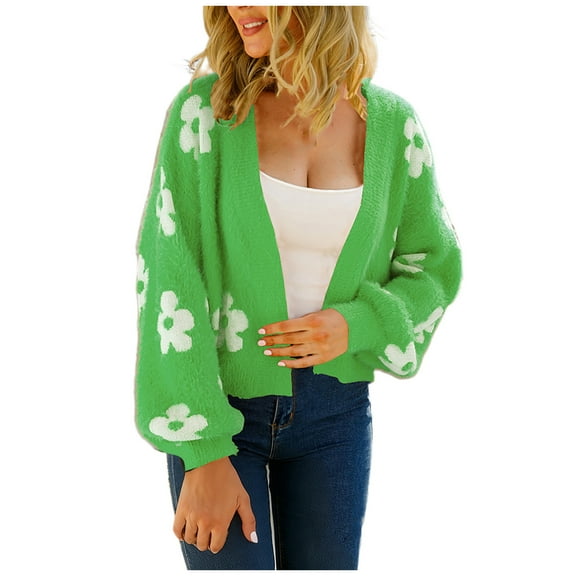 OGLCCG Women's Cute Flower Cropped Cardigan Long Sleeve V Neck Open Front Floral Knit Sweater Tops Winter Warm Fuzzy Cropped Sweater Coats,M,Green