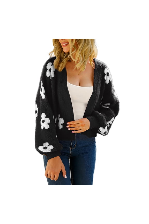 Women's Cute Flower Cropped Cardigan Long Sleeve V Neck Open Front Floral Knit Sweater Tops Winter Warm Fuzzy Cropped Sweater Coats,XL,Black