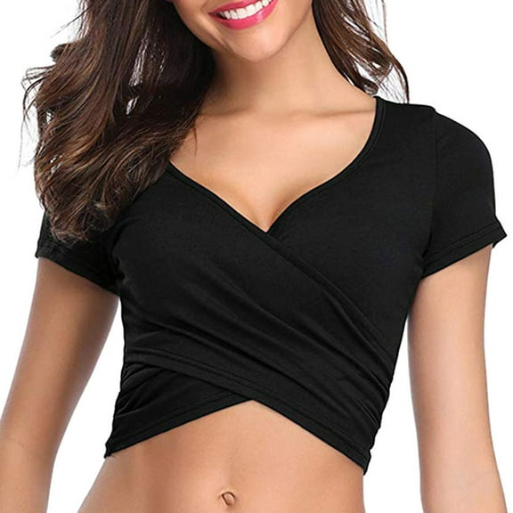 OGLCCG Women's Deep V Neck Short Sleeve Crop Tops Slim Fitted Cross Wrap Tops Summer Casual Workout T Shirts