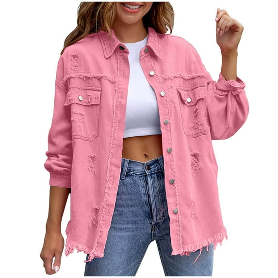 OGLCCG Women's Denim Jacket Loose Fit Perforated Long Sleeve Button Down Jean Coat Solid Color Casual Spring Outerwear with Pockets,L,Pink