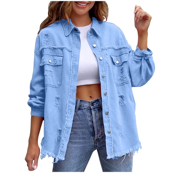 OGLCCG Women's Denim Jacket Loose Fit Perforated Long Sleeve Button Down Jean Coat Solid Color Casual Spring Outerwear with Pockets,M,Sky Blue