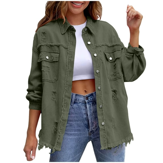 OGLCCG Women's Denim Jacket Loose Fit Perforated Long Sleeve Button Down Jean Coat Solid Color Casual Spring Outerwear with Pockets,XXL,Army Green