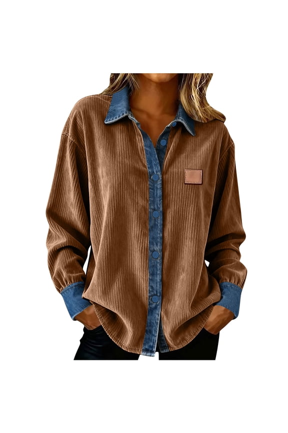 Women's Denim Patchwork Button Down Shirts Dressy Loose Long Sleeve Lapel Collar Corduroy Tops Casual Lightweight Business Work Blouse,XL,Brown