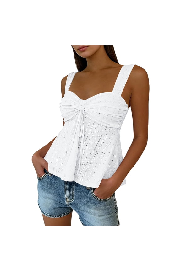 Women's Eyelet Tie Front Ruched Tank Tops Y2k Drawstring Going Out Tops Trendy Flowy Camisole Tank Top for Summer Vacation,M,White