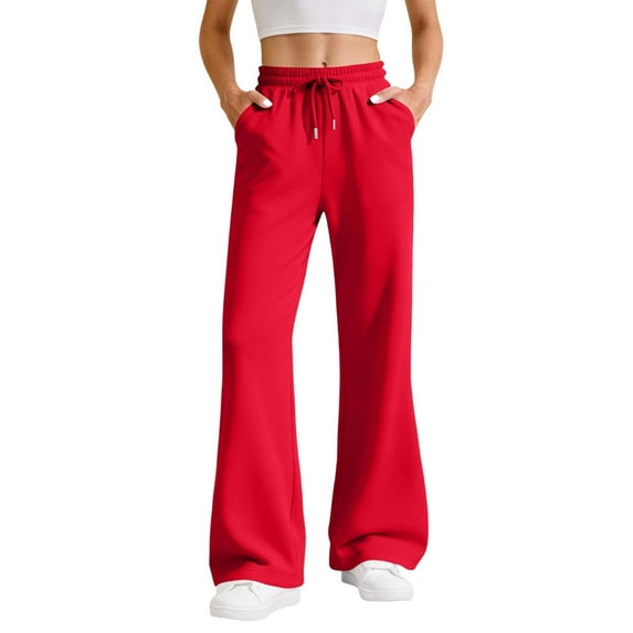OGLCCG Women's Flare Leg Sweatpants Wide Leg Drawstring Waist Fleece Lined Bell Bottom with Pockets Causal Sports Pants with Pockets,XL,Red