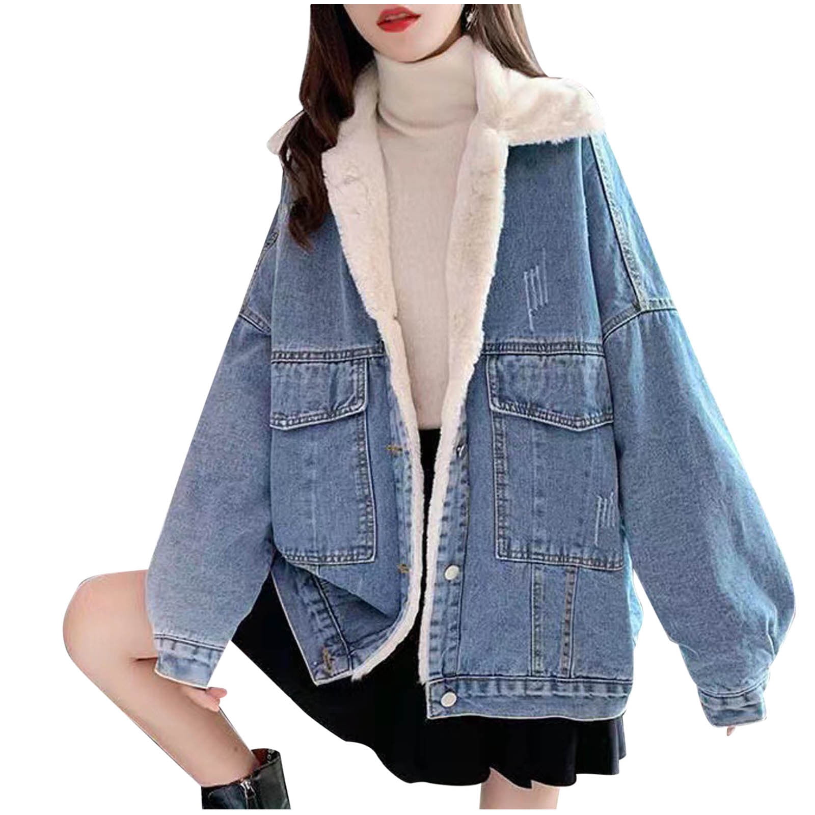OGLCCG Women s Fleece Sherpa Lined Denim Jackets Winter Thick Warm Button Down Jean Coat Oversized Loose Fit Trucker Jacket Outerwear