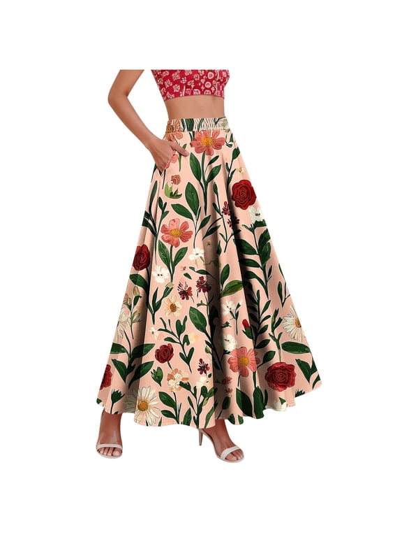 Women's Floral Printed Maxi Skirts Pleated Elastic High Waist Swing Long Skirts Summer Casual Boho Flowy A-Line Skirt with Pockets,XL,Khaki