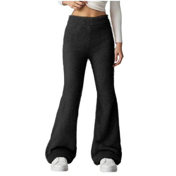 OGLCCG Women's Fuzzy Plush Flare Pants Casual Elastic Waist Wide Leg Bell Bottom Fall Winter Warm Cozy Lounge Pajama Pants,M,Black