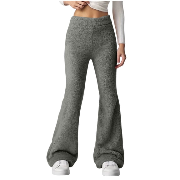 OGLCCG Women's Fuzzy Plush Flare Pants Casual Elastic Waist Wide Leg Bell Bottom Fall Winter Warm Cozy Lounge Pajama Pants,S,Gray