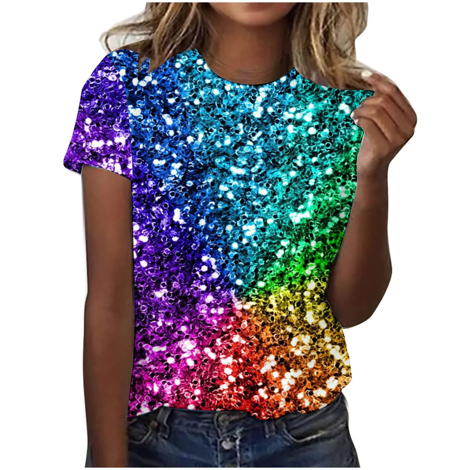 OGLCCG Women's Glitter Sequin Round Neck Shirts Short Sleeve Shimmer ...