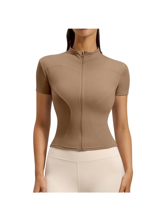 Women's High-Stretch Yoga Jacket Tight-Fitting Running Top Full Zip Bare-Skin Feel Fitness Sports Short-Sleeved Top,Coffee