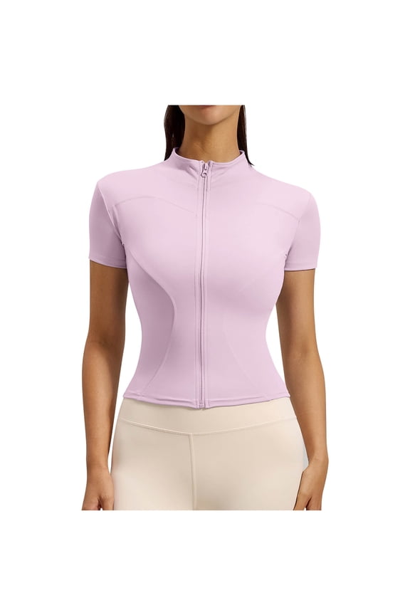 Women's High-Stretch Yoga Jacket Tight-Fitting Running Top Full Zip Bare-Skin Feel Fitness Sports Short-Sleeved Top,Pink