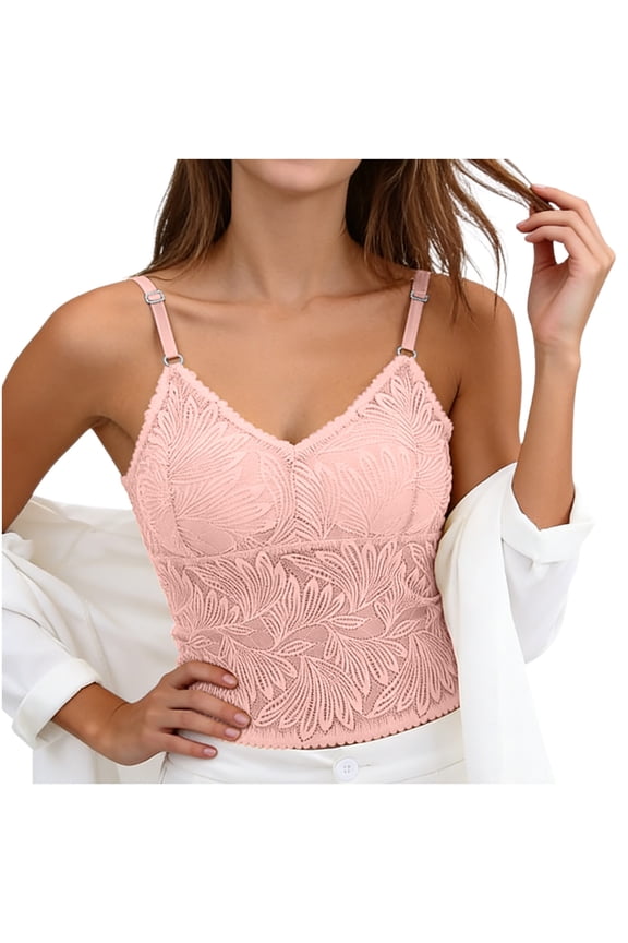 Women's Lace Camisole with Built-in Padded Bra Adjustable Spaghetti Straps V Neck Crop Cami Top Summer Basic Layering Top,XXL,Pink
