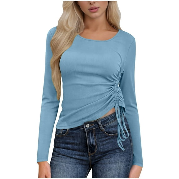 OGLCCG Women's Long Sleeve Ribbed Knit Shirts Spring Ruched Side Casual Basic Going Out Tops Solid Color Slim Fit Crewneck Stretch Tees,M,Light Blue