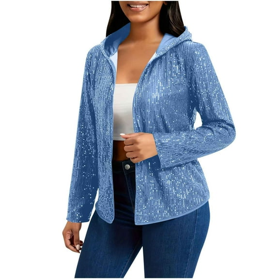 OGLCCG Women's Long Sleeve Sequin Jackets Open Front Sequin Cardigan with Hood Trendy Sparkle Shiny Glitter Party Outwear,L,Blue