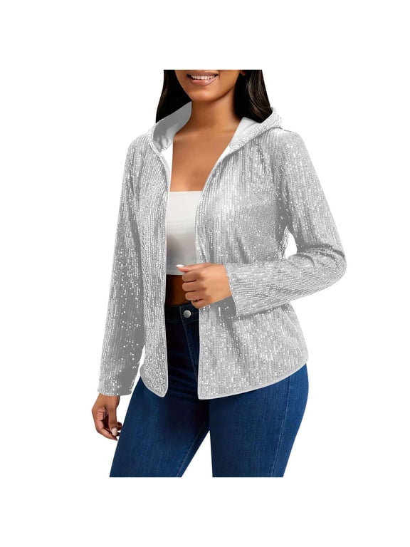 Women's Long Sleeve Sequin Jackets Open Front Sequin Cardigan with Hood Trendy Sparkle Shiny Glitter Party Outwear,L,Silver