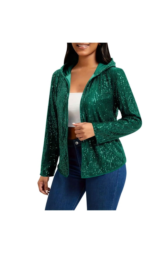 Women's Long Sleeve Sequin Jackets Open Front Sequin Cardigan with Hood Trendy Sparkle Shiny Glitter Party Outwear,M,Green