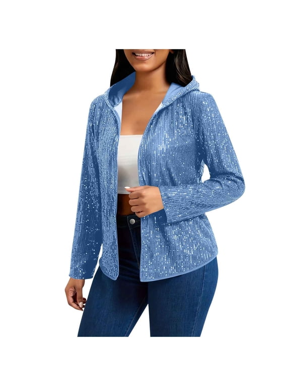 Women's Long Sleeve Sequin Jackets Open Front Sequin Cardigan with Hood Trendy Sparkle Shiny Glitter Party Outwear,S,Blue