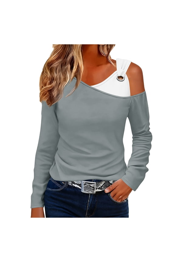Women's Long Sleeve Shirts Color Spliced Off Shoulder Metal Buckle Strap Elegant Tops Casual Fashion Casual Basic Tunic Tees Shirts,L,Gray