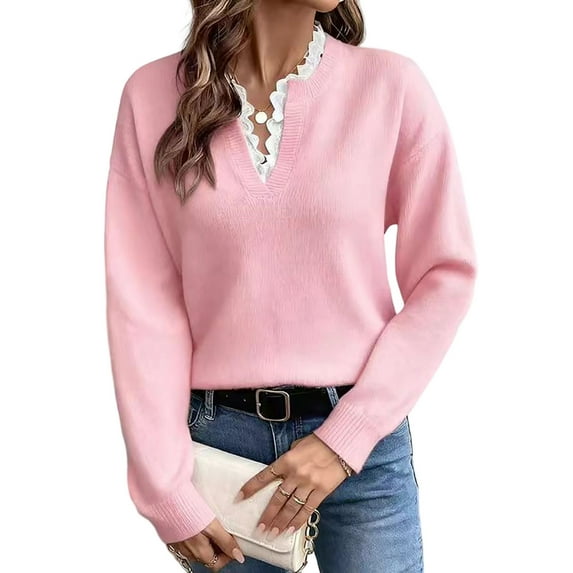 OGLCCG Women's Long Sleeve Sweater Lace Trim Notched V Neck Soft Knit Pullover Tops Fall Winter Casual Solid Color Trendy Warm Sweaters,M,Pink
