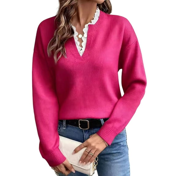 OGLCCG Women's Long Sleeve Sweater Lace Trim Notched V Neck Soft Knit Pullover Tops Fall Winter Casual Solid Color Trendy Warm Sweaters,XL,Hot Pink