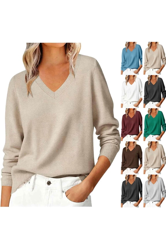 Women's Long Sleeve V Neck Sweaters, Classic Knit Pullover Basic Tops, Soft Comfy Fall Winter Layer Clothes,S-XXL