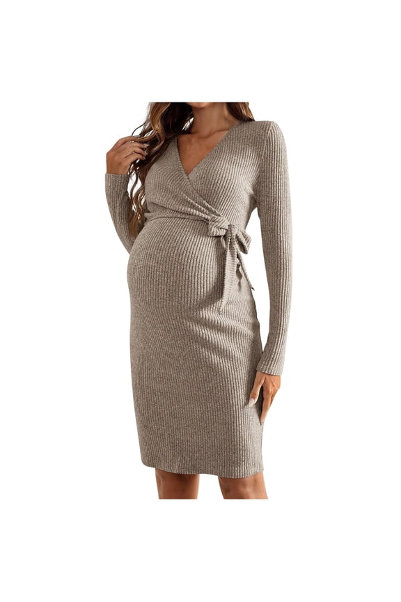 Women's Maternity Dress Long Sleeve Wrap V Neck Pregnancy Dress Solid Color Soft Ribbed Knit Tie Waist Bodycon Dresses