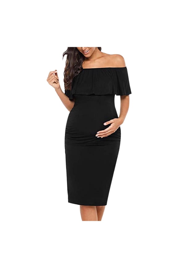 Women's Maternity Dress Off Shoulder Ruffle Sleeveless Bodycon Dress for Baby Shower Solid Color Soft Pregnancy Dress